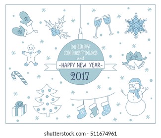 Christmas background with christmas tree, snowman, gingerbread, holly berry, etc. Vector illustration. 