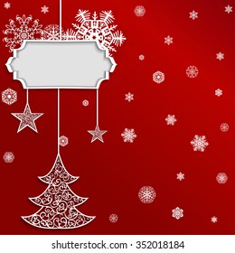 Christmas background with christmas tree, star and snowflakes on red