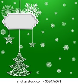 Christmas background with christmas tree, star and snowflakes on green