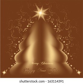 Christmas background with tree and stars in gold color, vector illustration