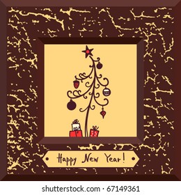 Christmas background with tree and toys in frame