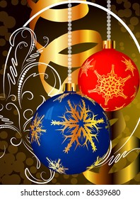Christmas background with tree toys and gold ribbons