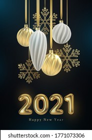 Christmas background with Christmas tree toys of white and gold, a spiral balls and snowflakes on a black vertical background, with the inscription 2021. Vector illustration