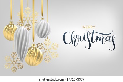 Christmas background with Christmas tree toys of white and gold, a spiral balls and snowflakes on a gray horizontal background, with the inscription Christmas. Vector illustration
