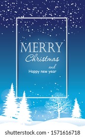Christmas background with Christmas tree, vector illustration.Winter landscape with falling snow and stars. New year card.