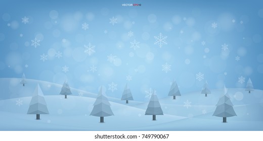 Christmas background of tree with winter elegant blue bokeh. Seasonal cool light decorative abstract design element. Vector illustration.