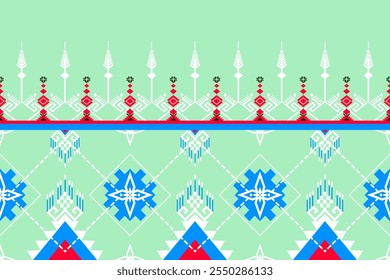 christmas background with christmas tree.Geometric ethnic pattern,Native American tribal fabric, rug, vector, Illustration design on sky blue background