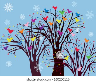 Christmas background with trees, birds and snow card