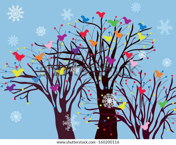Christmas\
background with trees, birds and snow\
card