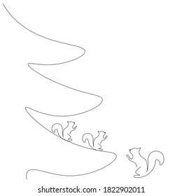 Christmas background with trees and cute animals squirrels. Vector illustration