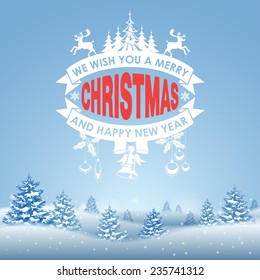 Christmas Background with Trees and Label on Snowy background.