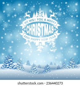 Christmas Background with Trees and Label on Snowy background.