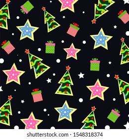 Christmas background with christmas trees and stars. Vector illustration