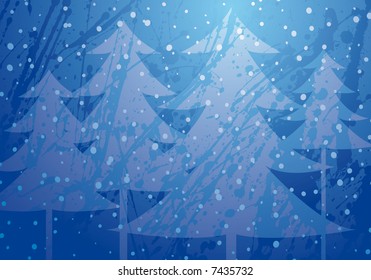 Christmas background with trees under a snow falling