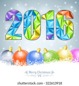 Christmas background with Triangle Number 2016, Deer and Bauble. Vector Template for Cover, Flyer, Brochure.