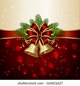 Christmas background with two bells, red bow,  spruce branches and blurry lights, illustration.