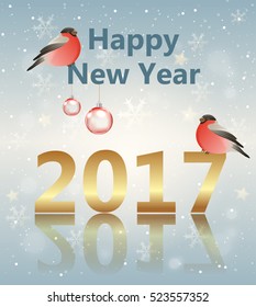 Christmas background with two bullfinches and golden text. Greeting card for new 2017 year. 