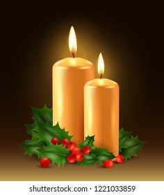 Fondo navideño con dos velas ardientes y un hueco. Feliz Navidad, símbolo, festividad, religión. Efecto 3D. Ilustración vectorial. EPS10