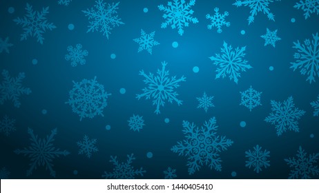 Christmas background with various complex big and small snowflakes in blue colors