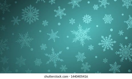 Christmas background with various complex big and small snowflakes in light blue colors