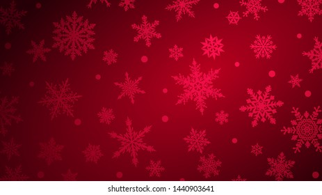 Christmas background with various complex big and small snowflakes in red colors