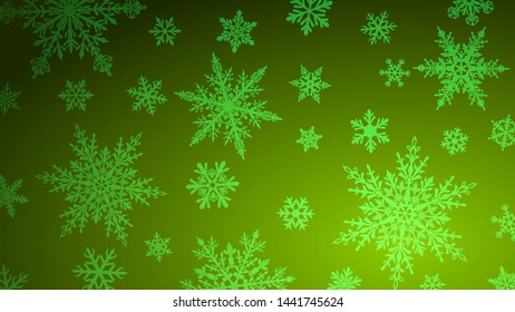 Christmas background with various complex big and small snowflakes in green colors