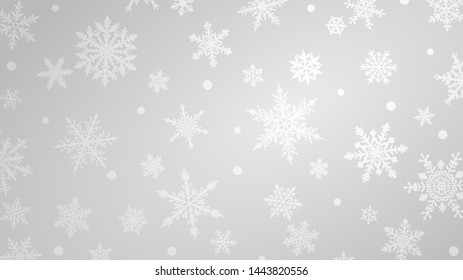 Christmas background with various complex big and small snowflakes in white colors