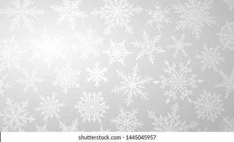 Christmas background with various complex big and small snowflakes in white colors