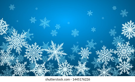 Christmas background with various complex big and small snowflakes in blue colors