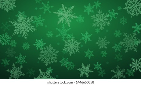 Christmas background with various complex big and small snowflakes in green colors