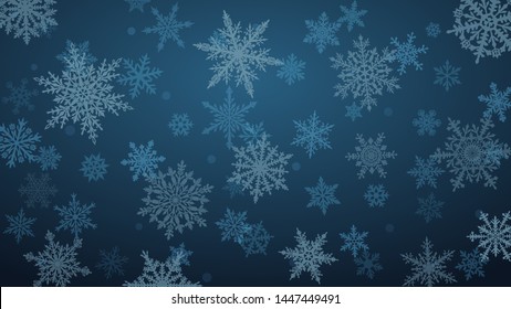 Christmas background with various complex big and small snowflakes in blue colors