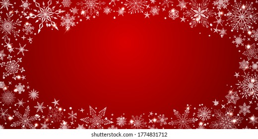 Christmas background with various complex big and small snowflakes, white on red, arranged in a ellipse