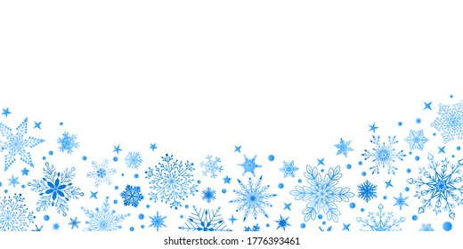 Christmas background with various complex big and small snowflakes, light blue on white