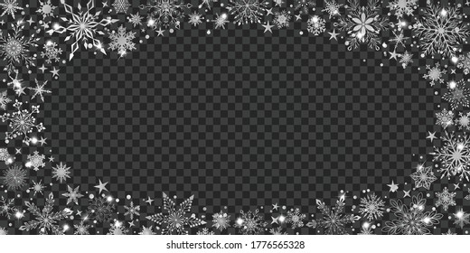Christmas background with various complex big and small snowflakes, white on transparent, arranged in a ellipse