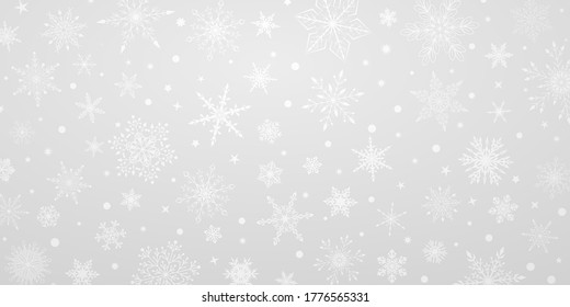 Christmas background with various complex big and small snowflakes, in white and gray colors