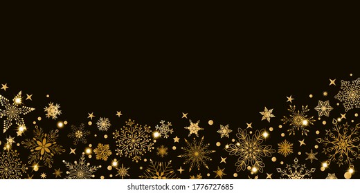 Christmas background with various complex big and small snowflakes, yellow on black