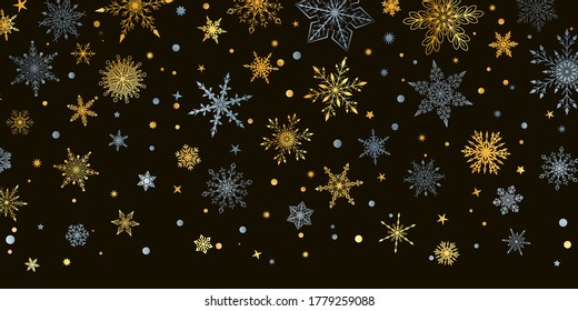 Christmas background with various complex big and small snowflakes, gray and yellow on black