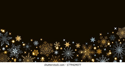 Christmas background with various complex big and small snowflakes, yellow and gray on white
