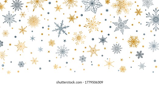 Fondo de Navidad con varios complejos copos de nieve grandes y pequeños, gris y amarillo sobre blanco