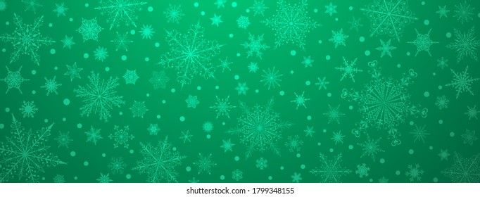 Christmas background of various complex big and small snowflakes, in green colors