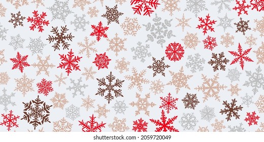 Christmas background with various complex big and small snowflakes, red and brown on white