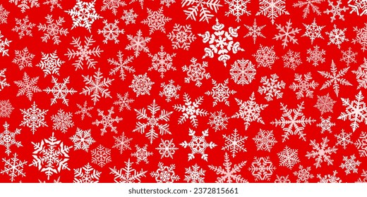 Christmas background with various complex big and small snowflakes, white on red
