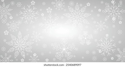 Christmas background with various complex big and small snowflakes white and gray colors. different snowflakes shapes, sizes and transparency with white blurred and clear on gray background. EPS