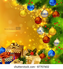 Christmas background with various  gifts and green fir tree