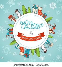 Christmas background. Various Christmas objects on the Earth. There is place for your text in the center. 