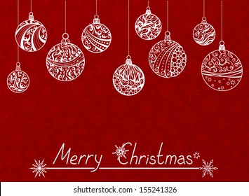 Christmas background. Various white Christmas balls on red. Round shapes. Hand-written text.