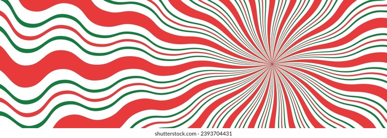 Weihnachtshintergrund. Abstrakter Vektorschwirl, Wirbelsäulenhintergrund. Bonbons, Lollipop-Muster. Langer horizontaler Banner.