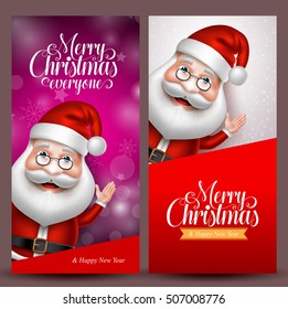 Christmas background and vector banners with Santa Claus waiving hand in colorful background for Christmas greetings. Vector illustration.
