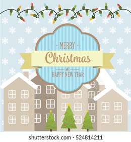 Christmas background, Vector card with a fabulous image of the city, houses in the snow with a Christmas tree and an inscription merry Christmas and Happy New year