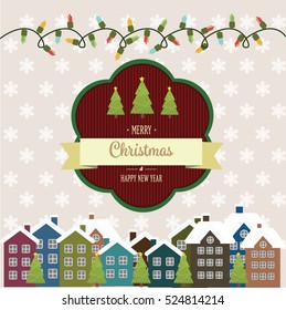 Christmas background, Vector card with a fabulous image of the city, houses in the snow with a Christmas tree and an inscription merry Christmas and Happy New year